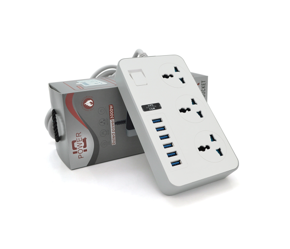Сетевой фильтр ТВ-Т09, 3 розетки + 6 USB, 2 м, сечение 3х0,75мм, 3000W, White-grey, Box