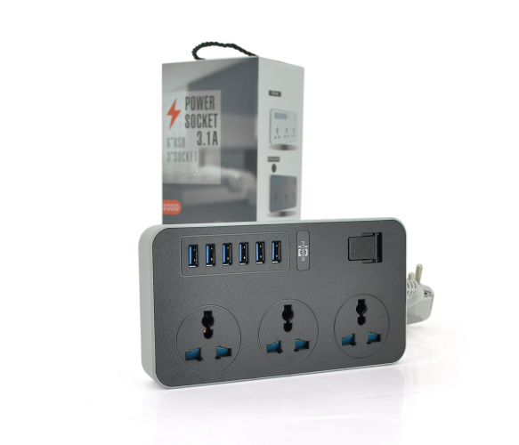 Сетевой фильтр ТВ-Т09, 3 розетки + 6 USB, 2 м, сечение 3х0,75мм, 3000W, Black-grey, Box