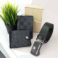 Подарочный мужской набор №66 "Тризуб": ремень + портмоне + обложка на паспорт (черный)