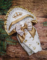 Детский демисезонный конверт с капюшоном, хлопок с плюшем вышивка, белый + капучино