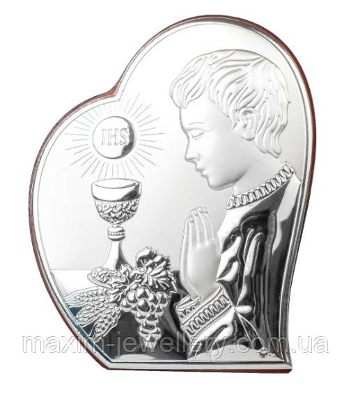 Срібна ікона Пам'ятка Першого Причастя (110х90мм.) (хлопчик), фото 1