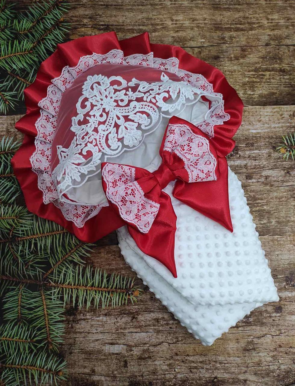 Ошатний зимовий конверт на виписку "Кружево", білий з червоним, плюш/бавовна, фото 1