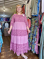 Женское летнее нарядное кружевное платье большого размера Розовый