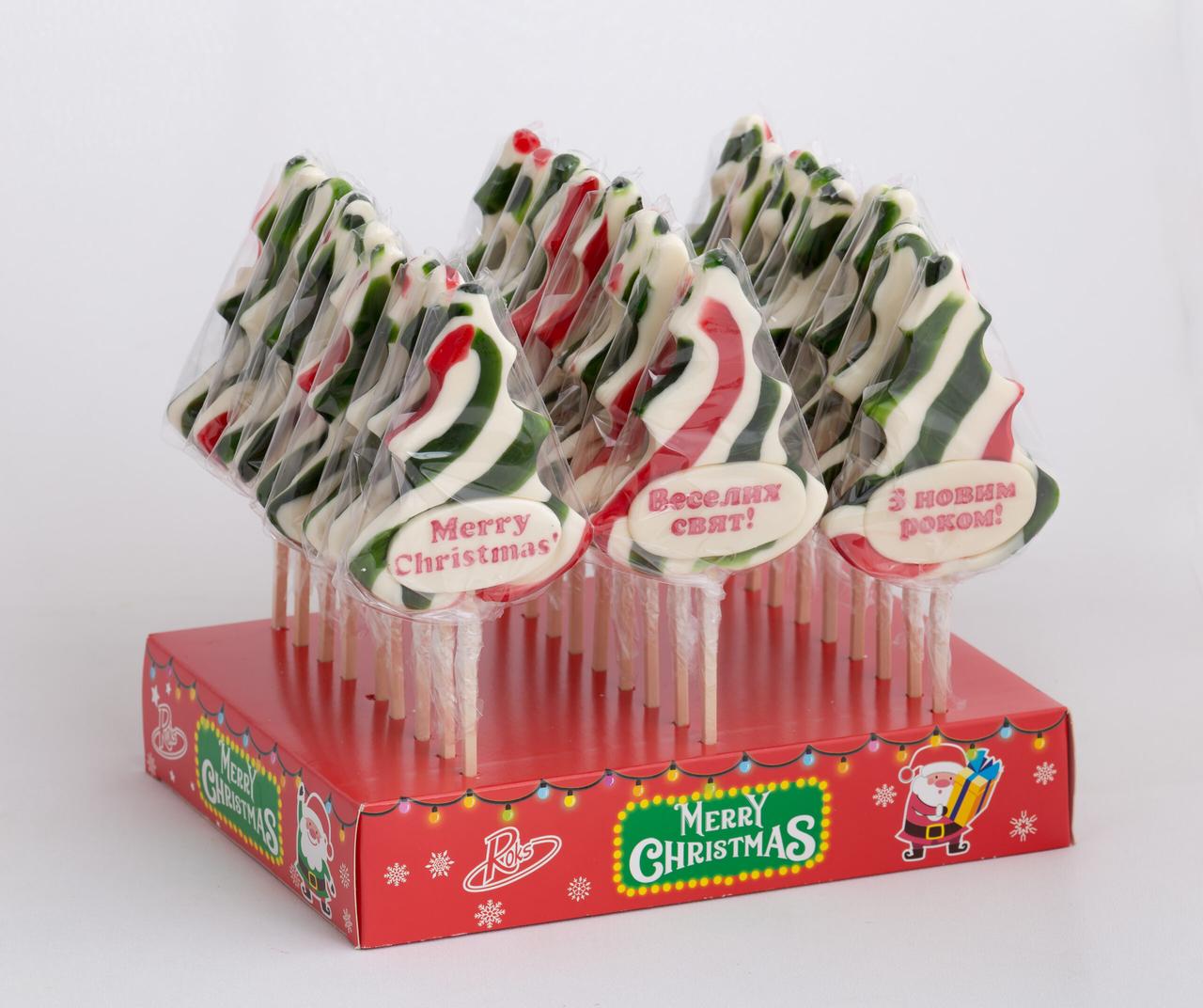 Льодяники на паличці Ялинка з привітанням 70 г 27 шт Roks, фото 1