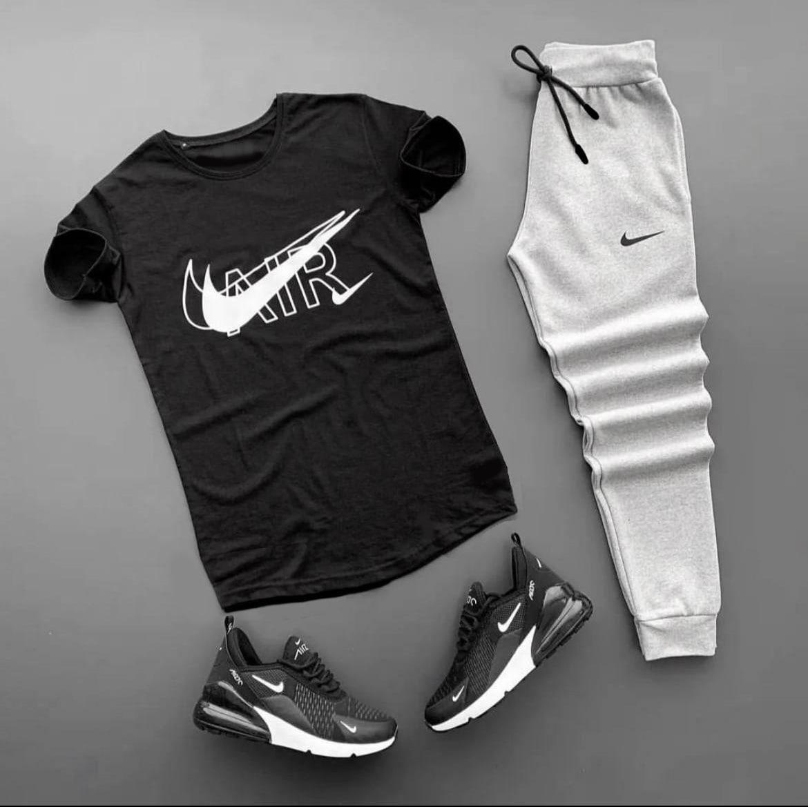 Комплект чоловічий футболка штани Nike Air сіро-чорний спортивний костюм літній весняний найк аїр трикотажний