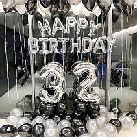Набор 50 шаров для композиции без цифр Happy Birthday Серебро с черным