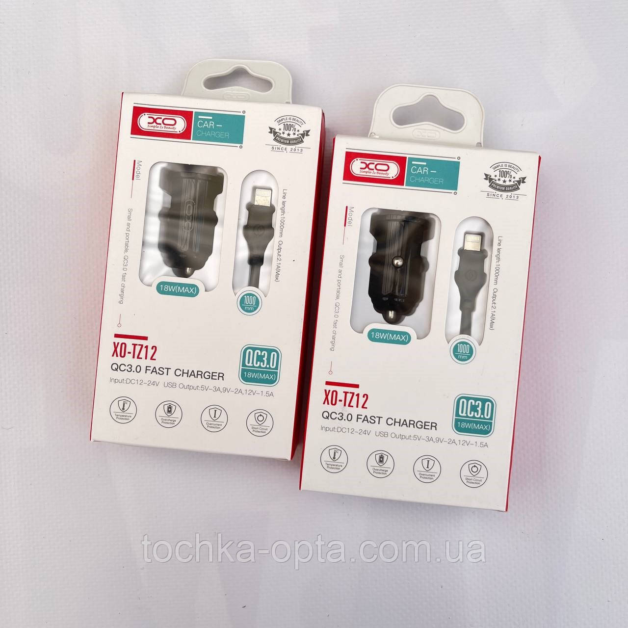 АЗП XO TZ12 QC3.0 1USB/18W + USB - Lightning чорний