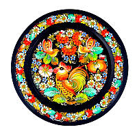 Настінна тарілка декоративна сувенірна кругла Петриківський ручний розпис ПІВНИК і СОЛОВЕЙКИ В КВІТАХ d30см