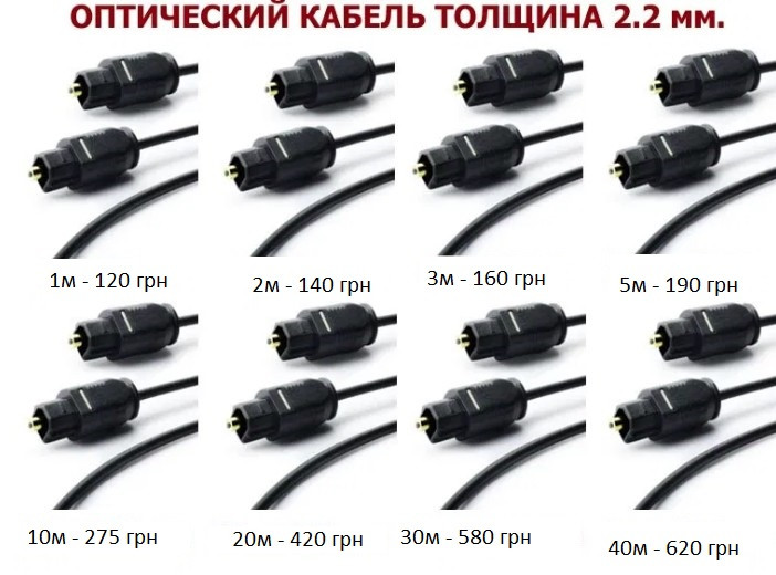 Кабель оптичний 2.2 мм. 1,2,3,5,10,15,20, 30, 40 м TOSLINK optic оптика