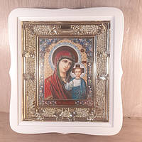 Икона Казанской Божьей матери, лик 15х18 см, в белом фигурном киоте, тип 2.