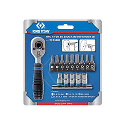 Набір вставок (біт) та головок з трещіткою 1/4", TORX, HEX, PH, 15 предметів. KING TONY 2515MR