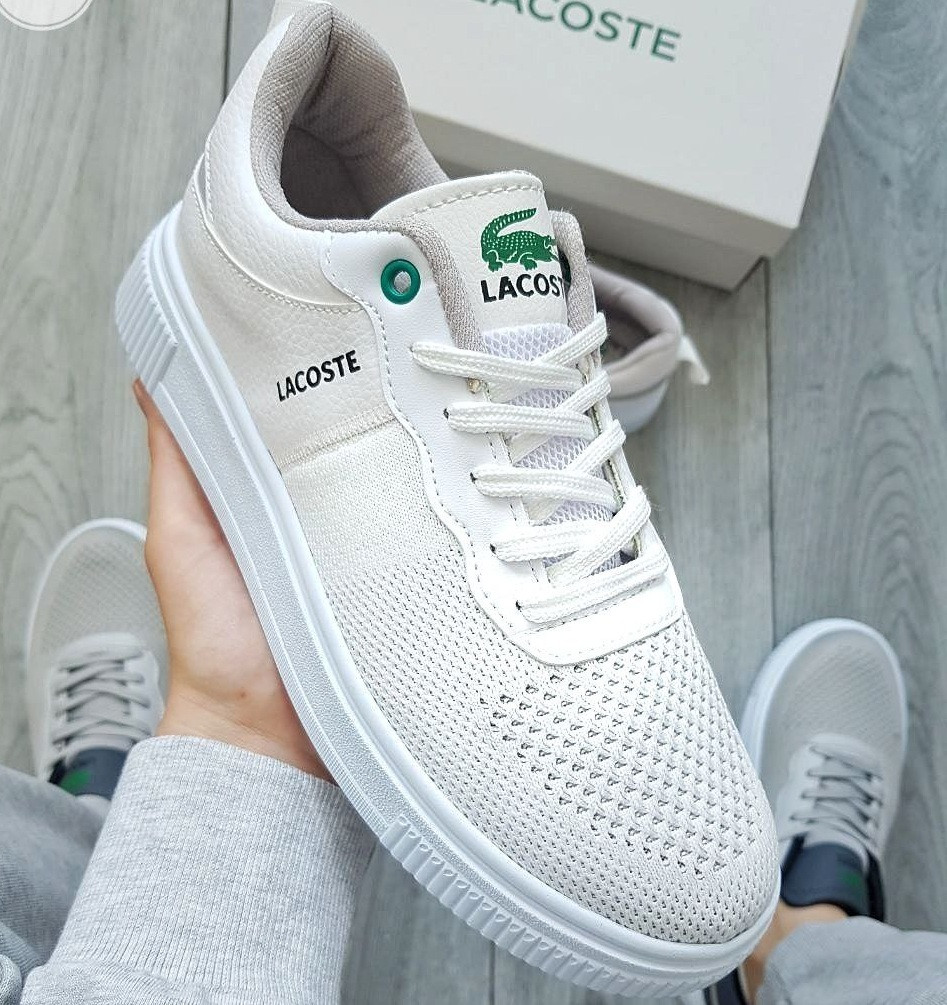 Чоловічі кросівки літні кеди в сітку весна-літо білий Lacoste. Живе фото, фото 1