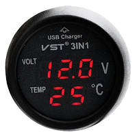 Часы термометр + вольтметр VST 706-1 в прикуриватель + USB КРАСНЫЕ