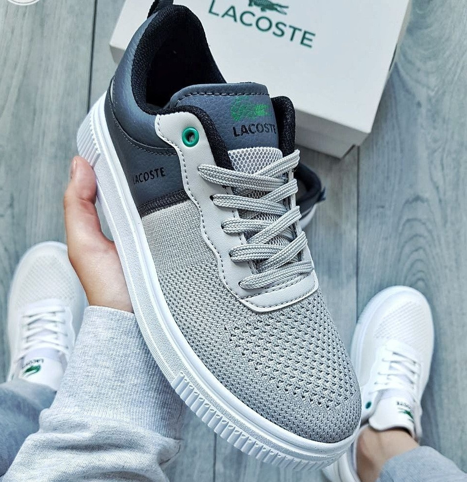 Чоловічі кросівки літні кеди в сітку весна-літо Lacoste сірі. Живе фото