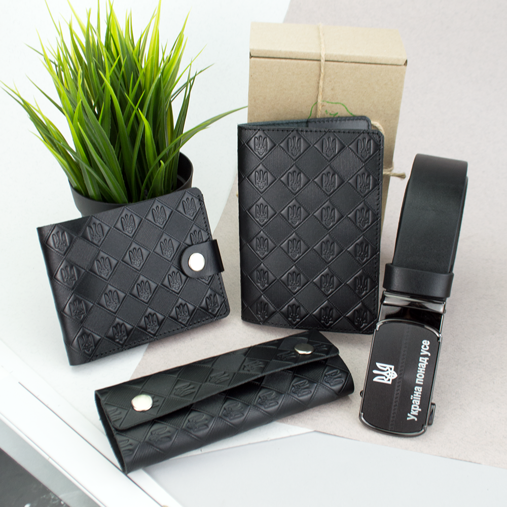 Подарунковий чоловічий набір №67 "Тризуб": ремінь + портмоне + ключниця + обкладинка на паспорт (чорний)