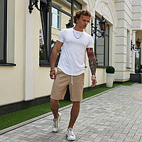 Мужской летний комплект белая футболка Лонг + бежевые брючные шорты Размеры : S, M, L, XL