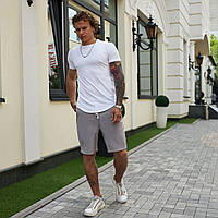 Мужской летний комплект белая футболка Лонг + серые брючные шорты Размеры : S, M, L, XL