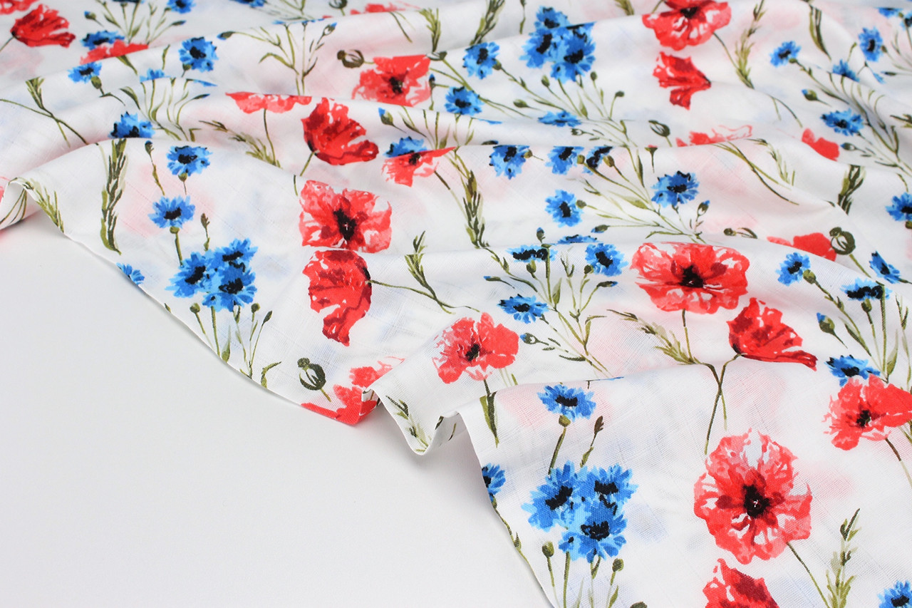 Муслін клітина "Маки та волошки" на білому тлі 160см № 3-1287, фото 1