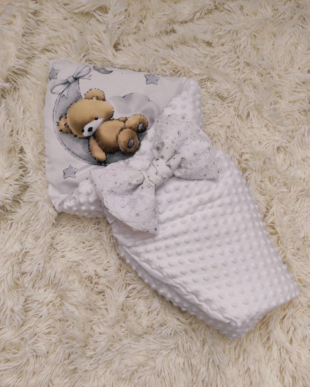 Плюшевий демі конверт з принтом "Ведмедик" для новонароджених, білий, фото 1