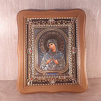 Икона Семистрельная Пресвятая Богородица, лик 15х18 см, в светлом деревянном киоте.