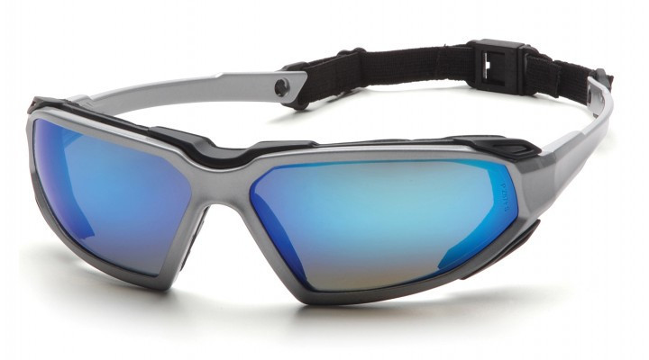 Окуляри захисні з ущільнювачем Pyramex Highlander Silver (ice blue mirror) Anti-Fog, дзеркальні сині в сріблястій оправі