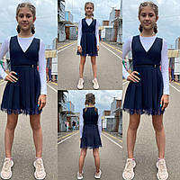 Школьный детский сарафан для девочки Жемчуг 7-11 лет, темно-синего цвета