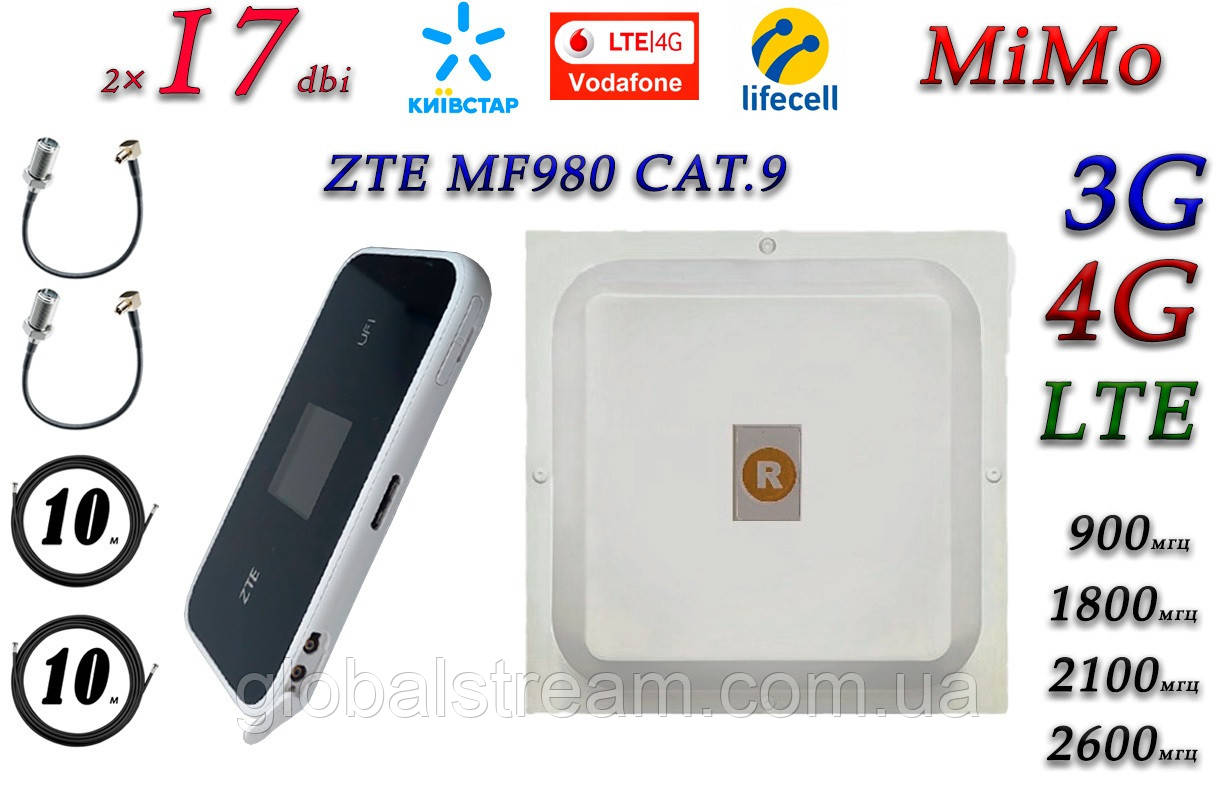 Мобільний модем 4G-LTE/3G WiFi Роутер ZTE MF980 CAT.9 + MiMo антеною 2×17 dbi під Київстар, Vodafone, Lifecel