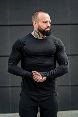 Чоловічий лонгслів чорний футболка з довгим рукавом розрізи для пальців Розміри: S, M, L, XL