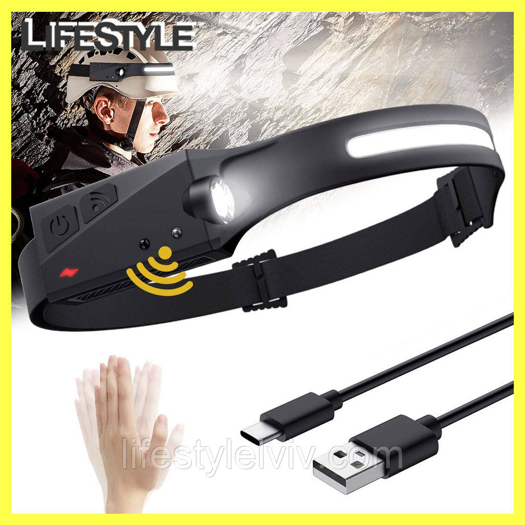 Налобний ліхтарик 2в1 BL-G-28-XPE+COB з датчиком руху, для риболовлі / Акумуляторний ліхтар, фото 1