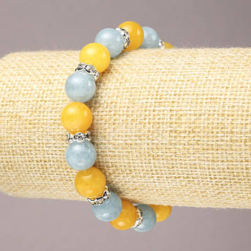 Браслет на гумці Аквамарин з Цитрином гладка кулька d-10мм+- з білими вставками зі стразами