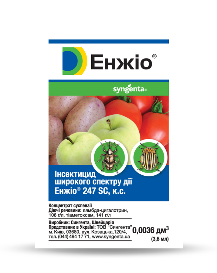 Утримує білокрилку й пильщиків — Енжіо 3,6 мл Syngenta 247 SC; виноград і сад, осередки на низькому рівні, Офіційно, фото 1