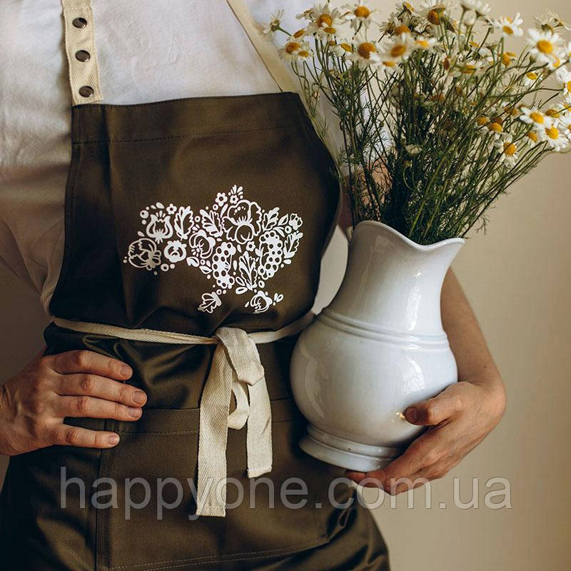 Прикольний кухонний фартух з принтом "Карта України Петриківський розпис" (хакі)