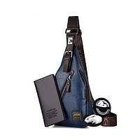 Чоловіча шкіряна сумка-слінг через плечі + гаманець і коробка для навушників