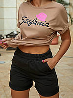 Летний женский костюм шорты с футболкой /двухцветный прогулочный спортивный костюм арт 448 цвет темный беж/беж