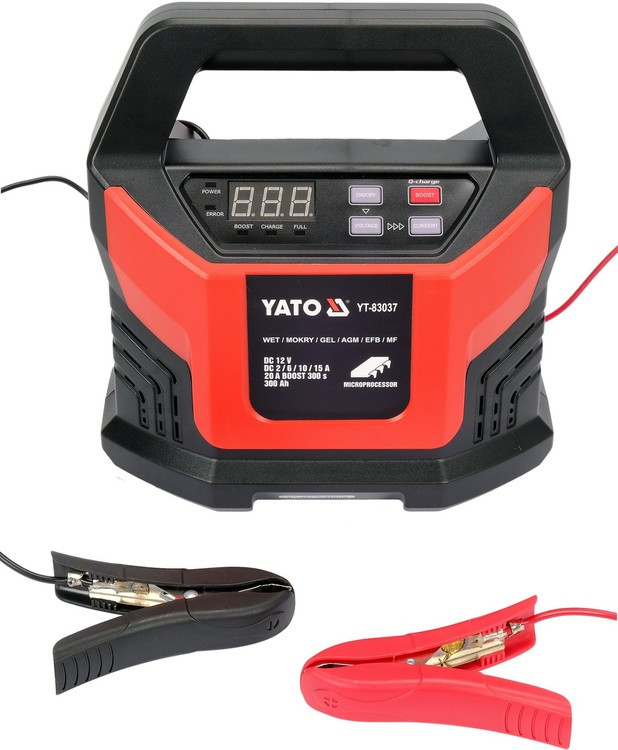 Зарядний прилад з LCD дисплеєм від мережі - 230В до акумулятора. 12V/(2/6/10/15А) макс. 300 Aч Yato YT-83037 (Польща)