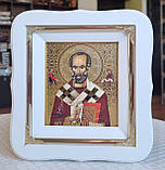 Ікона Святого Миколая Чудотворця у білому фігурному кіоті під склом, розмір кіота 18*16, розмір сюжету 10*12., фото 7