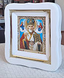 Ікона Святого Миколая Чудотворця у білому фігурному кіоті під склом, розмір кіота 18*16, розмір сюжету 10*12., фото 10