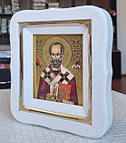 Ікона Святого Миколая Чудотворця у білому фігурному кіоті під склом, розмір кіота 18*16, розмір сюжету 10*12., фото 8