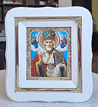 Ікона Святого Миколая Чудотворця у білому фігурному кіоті під склом, розмір кіота 18*16, розмір сюжету 10*12., фото 9