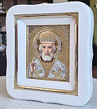 Ікона Святого Миколая Чудотворця у білому фігурному кіоті під склом, розмір кіота 18*16, розмір сюжету 10*12., фото 2