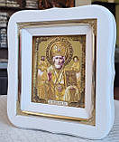 Ікона Святого Миколая Чудотворця у білому фігурному кіоті під склом, розмір кіота 18*16, розмір сюжету 10*12., фото 4