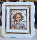 Ікона Святого Миколая Чудотворця у білому фігурному кіоті під склом, розмір кіота 18*16, розмір сюжету 10*12., фото 5