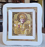 Ікона Святого Миколая Чудотворця у білому фігурному кіоті під склом, розмір кіота 18*16, розмір сюжету 10*12., фото 3