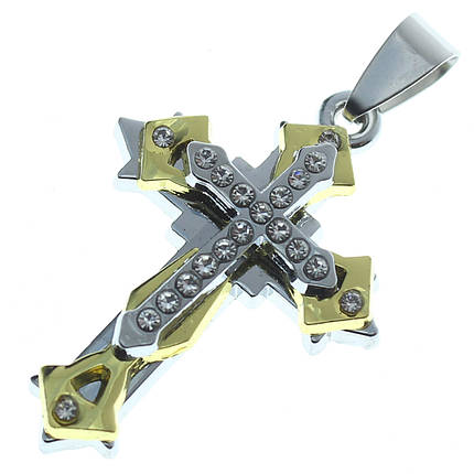 Крестик с камнями массивный двухцветный золото и серебро из нержавеющей стали Stainless Steel  размер 50х35 мм, фото 2