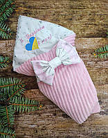 Демисезонный плюшевый конверт одеяло с вышивкой "с Украиной в сердце", розовый