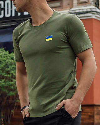 Чоловіча футболка патріотична однотонна з прапором України на грудях хакі Розміри: від S до 3XL
