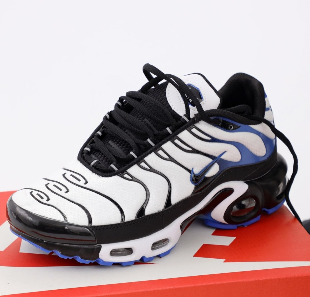 Чоловічі кросівки Nike Air Max Tn plus літні весна-осінь в сітку біло чорні. Живе фото