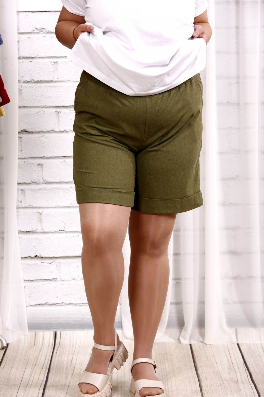 Зелені шорти жіночі лляні вільні на резинці великого розміру 42-74. b075-8