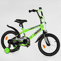 Детский двухколесный велосипед 16 дюймов CORSO STRIKER EX-16019 с дополн.колесами и ручным тормозом /салатовый