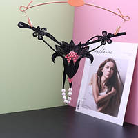 Еротичні труси з перлами чорні "Квітка" - розмір універсальний, (на резинці)